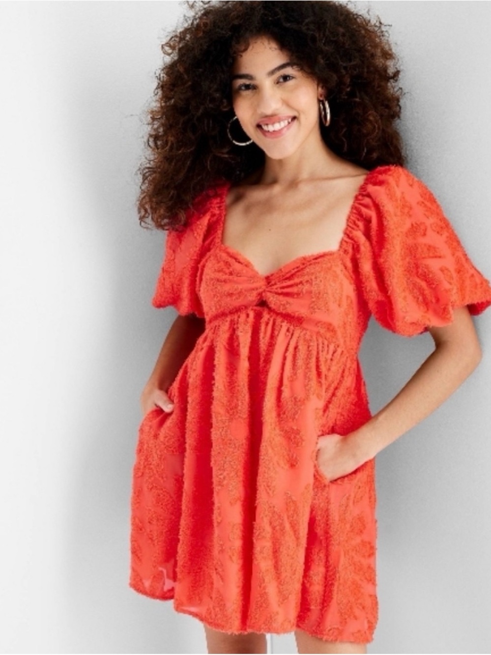 Textured Puff-Sleeve Mini Dress in Coral with Sweetheart Neckline